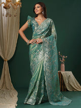 Women's Organza Teal Blue Embroidered Designer Saree With Blouse Piece