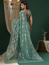 Women's Organza Teal Blue Embroidered Designer Saree With Blouse Piece