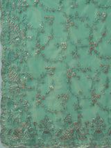 Women's Organza Teal Blue Embroidered Designer Saree With Blouse Piece