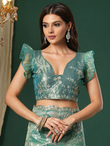 Women's Organza Teal Blue Embroidered Designer Saree With Blouse Piece