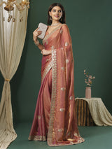 Women's Satin Silk Orange Embroidered Designer Saree with Blouse Piece