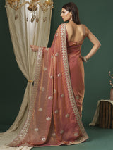 Women's Satin Silk Orange Embroidered Designer Saree with Blouse Piece