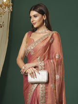 Women's Satin Silk Orange Embroidered Designer Saree with Blouse Piece