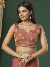 Women's Satin Silk Orange Embroidered Designer Saree with Blouse Piece