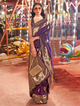 Women's Silk Blend Purple Woven Design Designer Saree With Blouse Piece