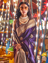Women's Silk Blend Purple Woven Design Designer Saree With Blouse Piece