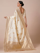 Women's Silk Blend White Woven Design Designer Saree with Blouse Piece