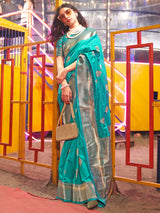 Women's Silk Blend Light Blue Woven Design Designer Saree With Blouse Piece