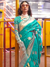Women's Silk Blend Light Blue Woven Design Designer Saree With Blouse Piece