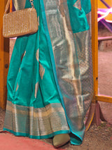 Women's Silk Blend Light Blue Woven Design Designer Saree With Blouse Piece
