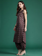 Women's Brown Printed Straight Kurta Trouser Set