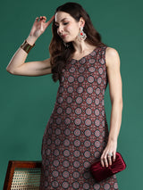 Women's Brown Printed Straight Kurta Trouser Set