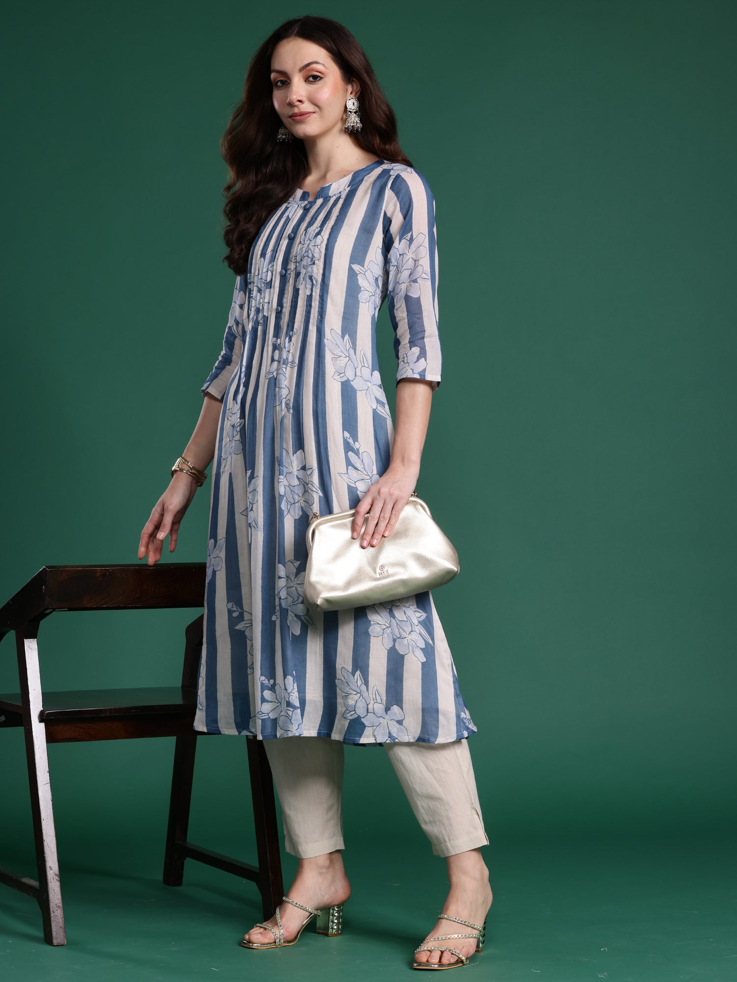 Women's Blue Printed A-Line Kurta Trouser Set