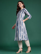 Women's Blue Printed A-Line Kurta Trouser Set