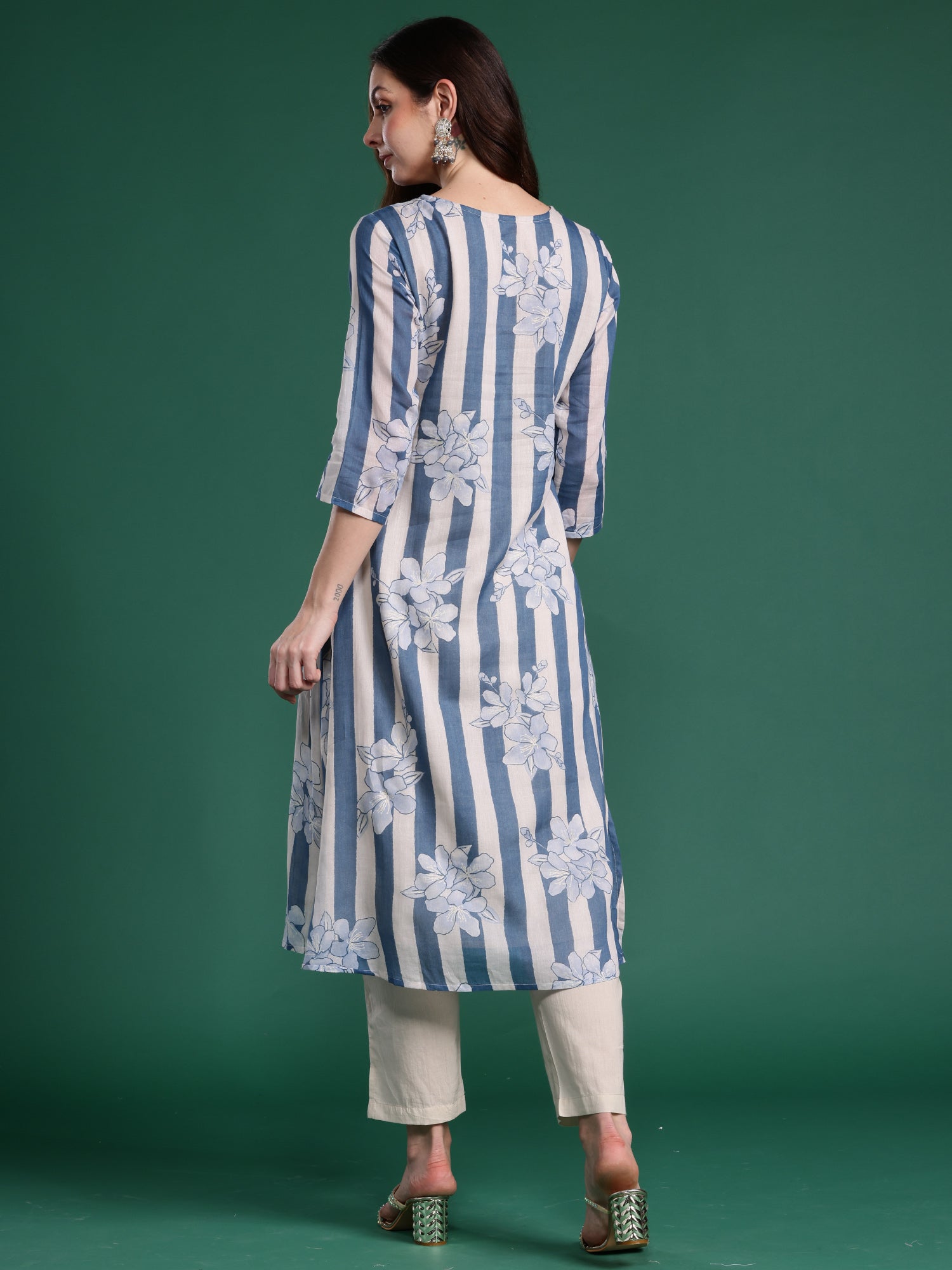 Women's Blue Printed A-Line Kurta Trouser Set