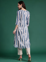 Women's Blue Printed A-Line Kurta Trouser Set
