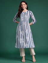 Women's Blue Printed A-Line Kurta Trouser Set