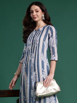 Women's Blue Printed A-Line Kurta Trouser Set
