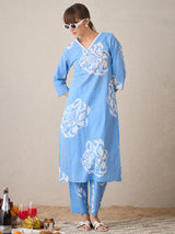 Women's Blue Printed Straight Kurta Trouser Set