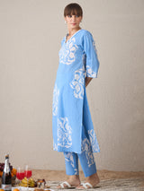 Women's Blue Printed Straight Kurta Trouser Set