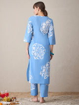 Women's Blue Printed Straight Kurta Trouser Set