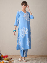 Women's Blue Printed Straight Kurta Trouser Set