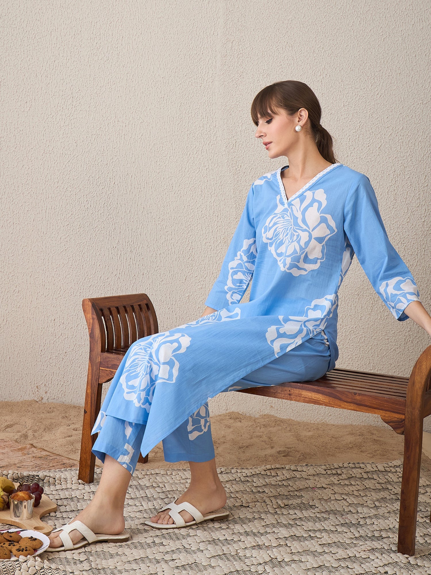 Women's Blue Printed Straight Kurta Trouser Set