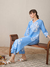 Women's Blue Printed Straight Kurta Trouser Set