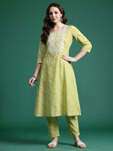 Women's Green Embroidered A-Line Kurta Trouser Set