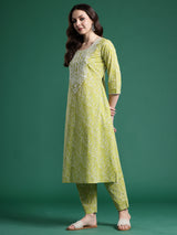 Women's Green Embroidered A-Line Kurta Trouser Set