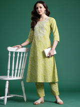 Women's Green Embroidered A-Line Kurta Trouser Set