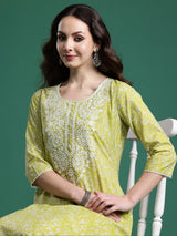 Women's Green Embroidered A-Line Kurta Trouser Set