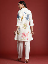 Women's White Printed A-Line Kurta Trouser Set