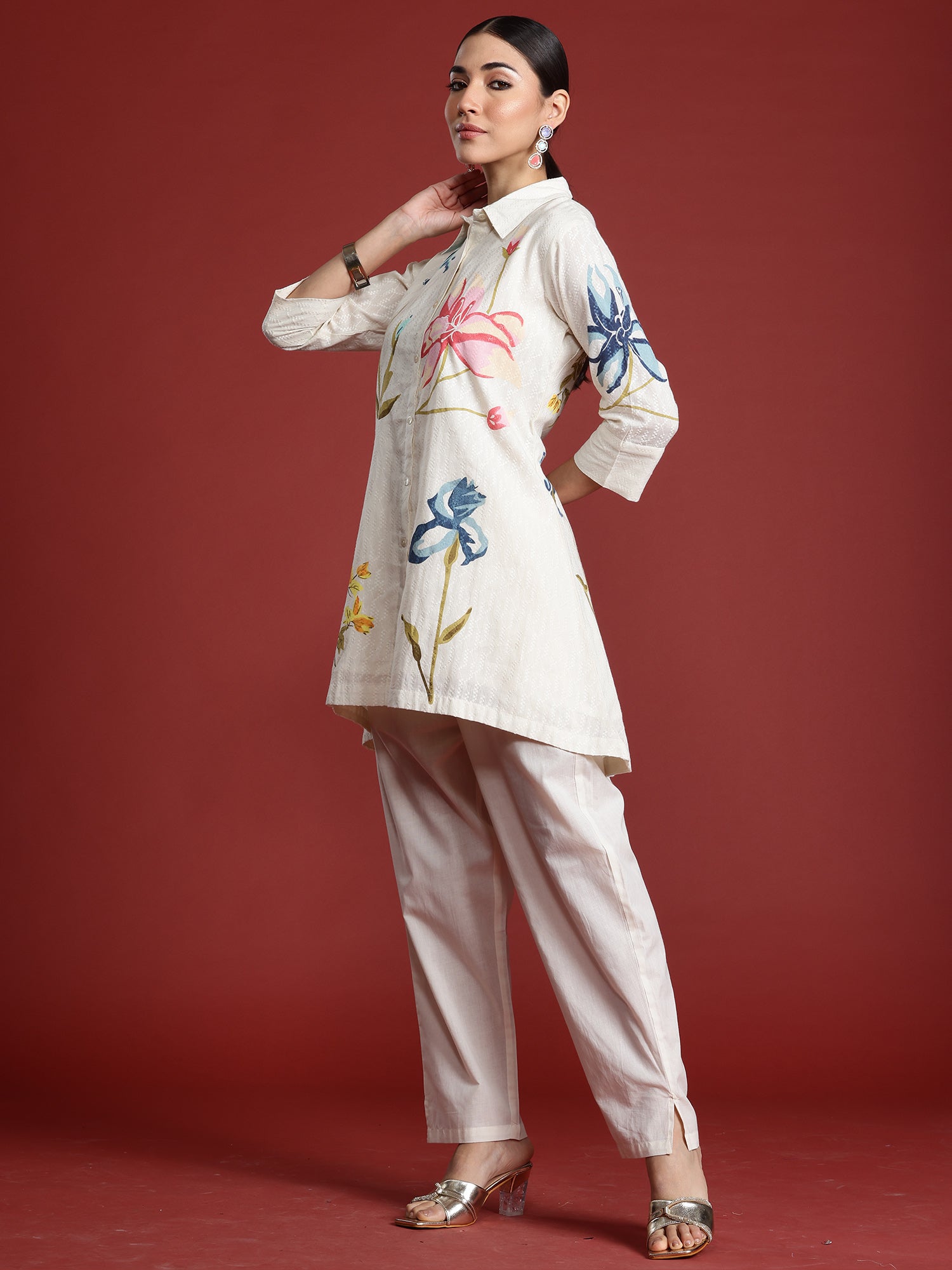 Women's White Printed A-Line Kurta Trouser Set