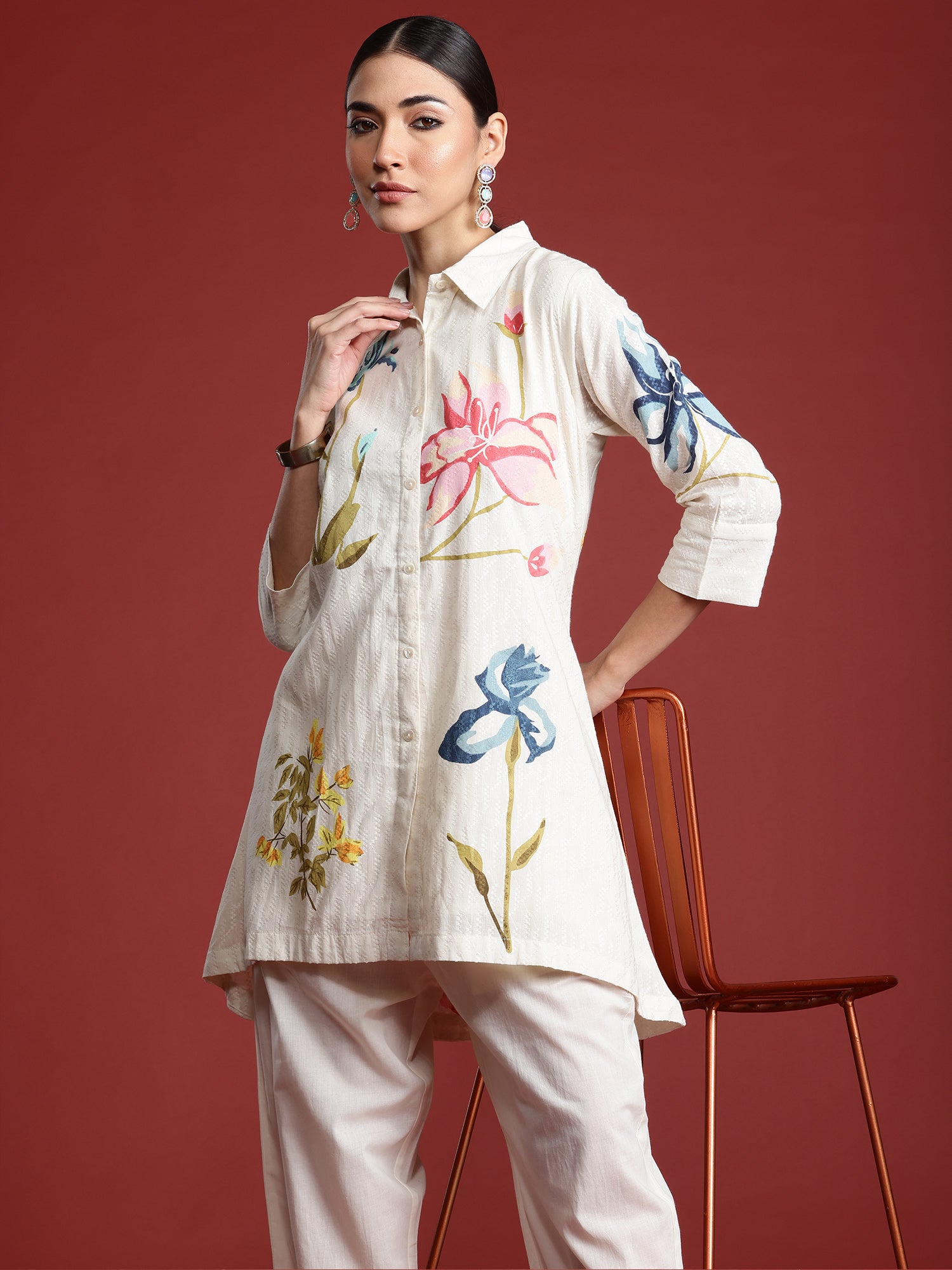 Women's White Printed A-Line Kurta Trouser Set