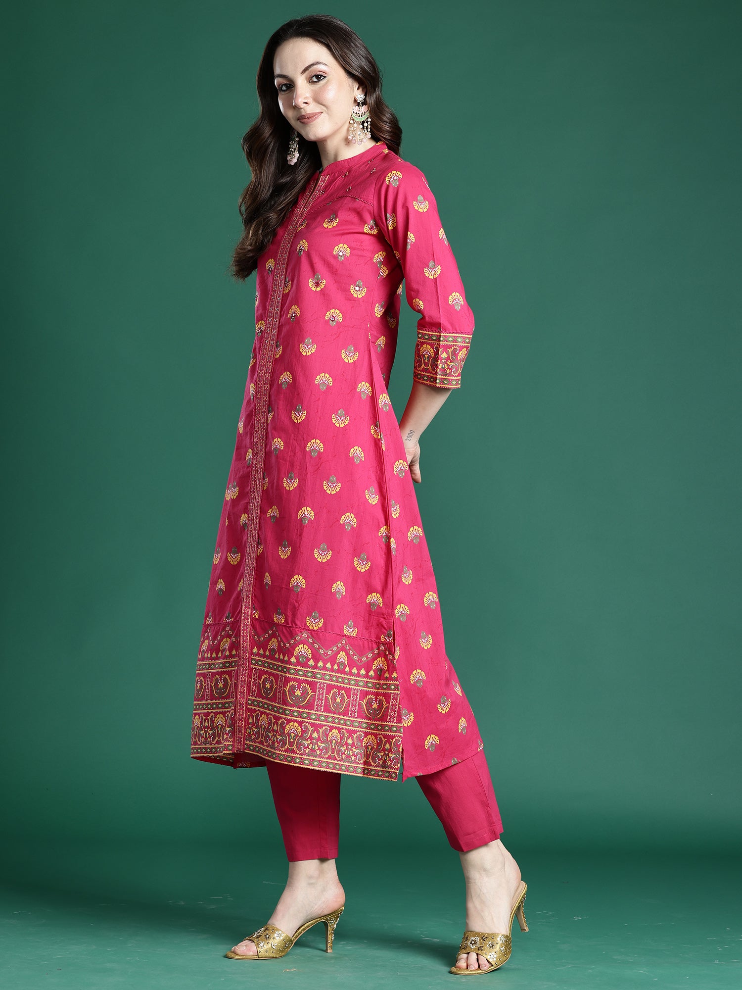 Women's Pink Printed Straight Kurta Trouser Set
