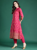 Women's Pink Printed Straight Kurta Trouser Set