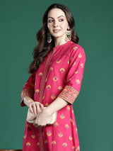 Women's Pink Printed Straight Kurta Trouser Set