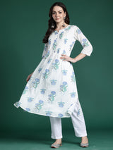 Women's White Printed A-Line Kurta Trouser Set