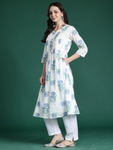 Women's White Printed A-Line Kurta Trouser Set