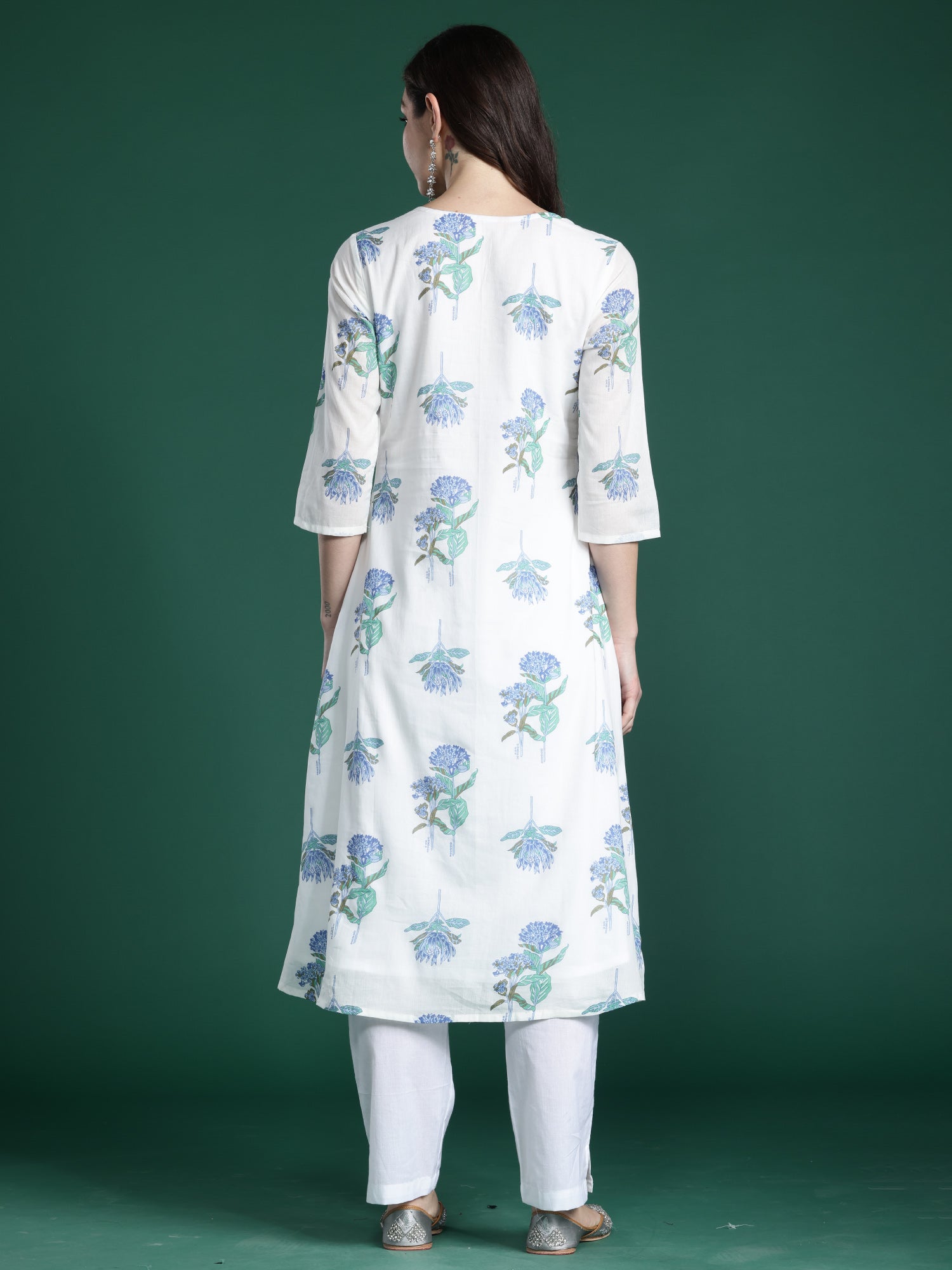 Women's White Printed A-Line Kurta Trouser Set