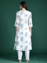 Women's White Printed A-Line Kurta Trouser Set