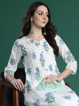 Women's White Printed A-Line Kurta Trouser Set