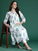 Women's White Printed A-Line Kurta Trouser Set