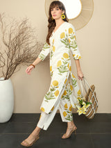 Women's White Printed Straight Kurta Trouser Set
