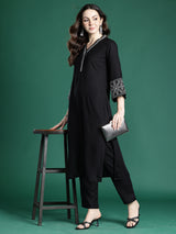 Women's Black Embroidered Straight Kurta Trouser Set