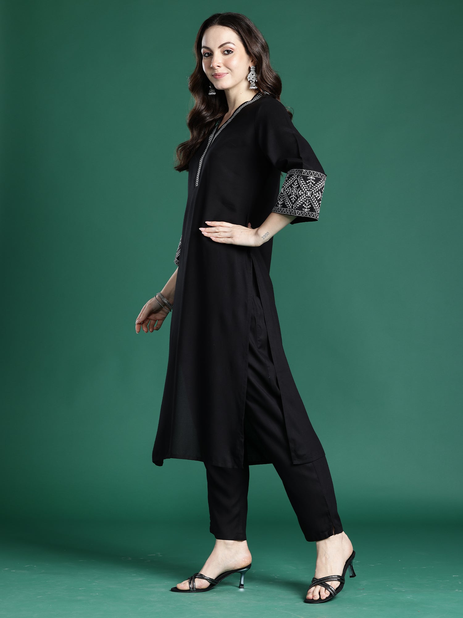 Women's Black Embroidered Straight Kurta Trouser Set