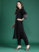 Women's Black Embroidered Straight Kurta Trouser Set