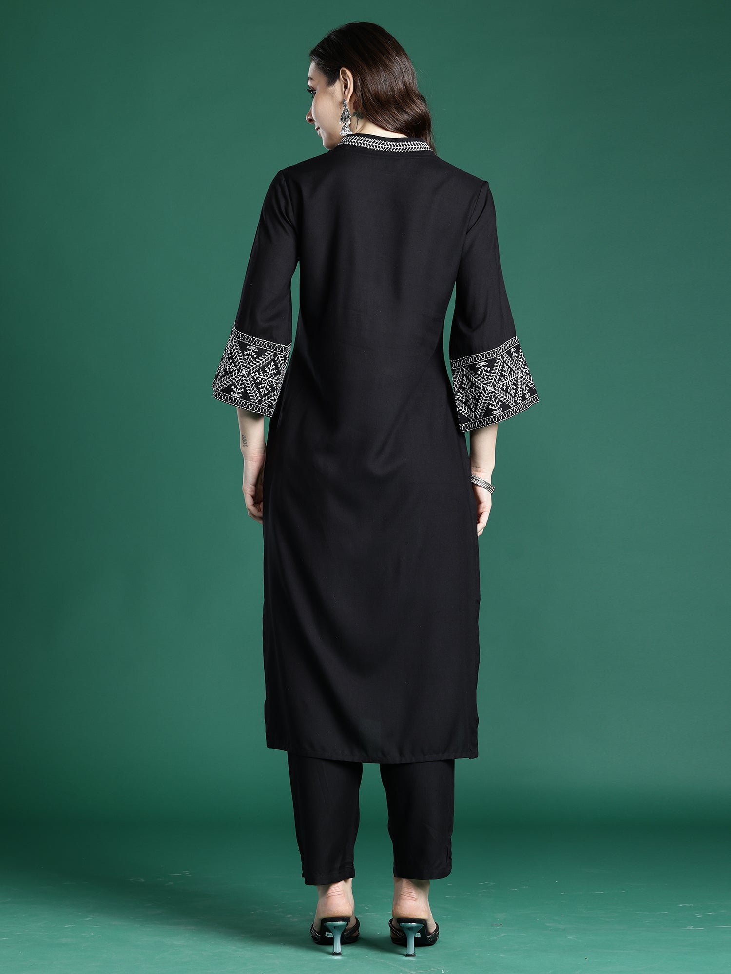 Women's Black Embroidered Straight Kurta Trouser Set