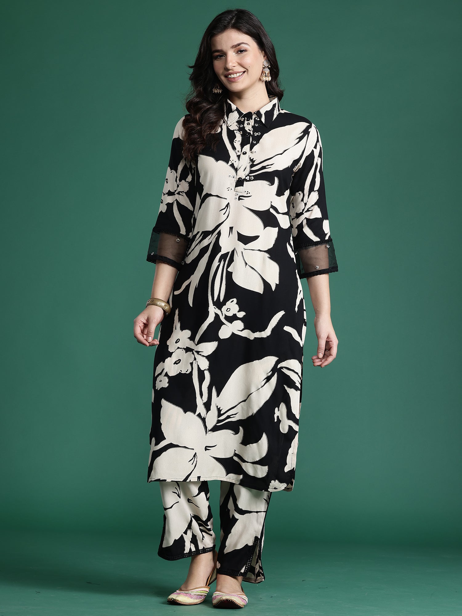 Women's Black Printed Straight Kurta Trouser set